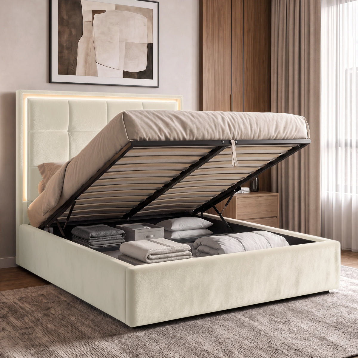 [Beige | Double] LED ottoman bed open with gas-lift frame, slatted base and hidden storage