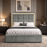 [Grey | Double] LED ottoman bed front view with square-panel headboard, lit border and low footboard