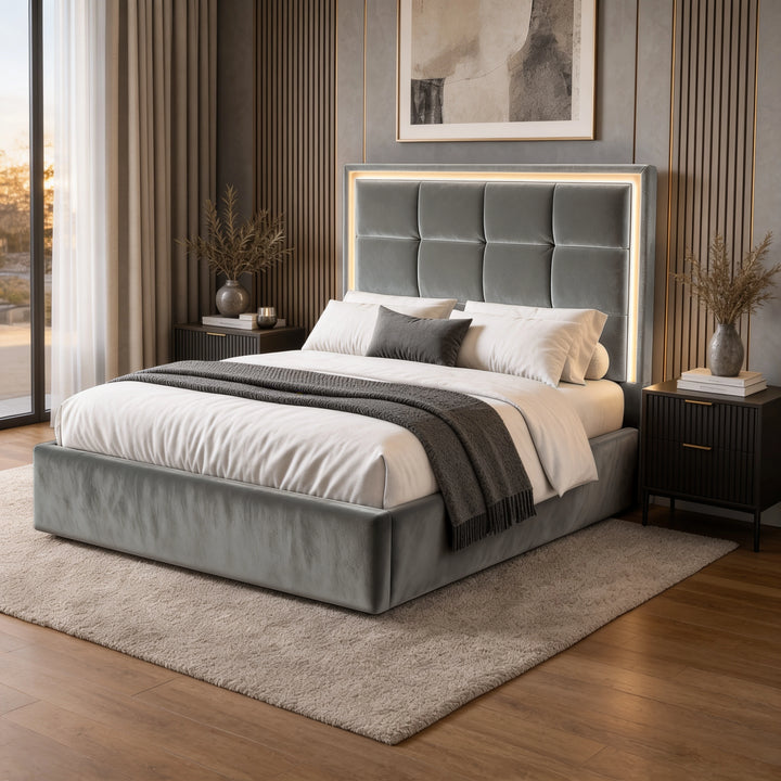 [Grey | Double] LED ottoman bed lifestyle room view with glowing headboard border and bedside storage