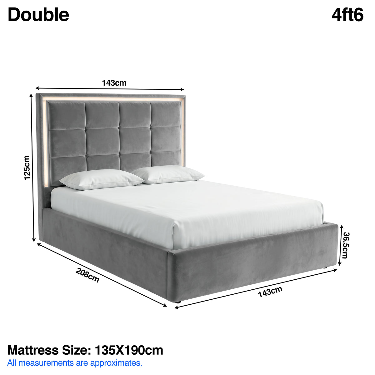 [Grey | Double] LED ottoman bed dimensions: frame 143W x 208L x 125H cm; mattress 135 x 190 cm