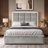 [Light Grey | Double] LED ottoman bed front view with square-panel headboard, lit border and low footboard