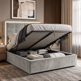 [Light Grey | Double] LED ottoman bed open with gas-lift frame, slatted base and hidden storage