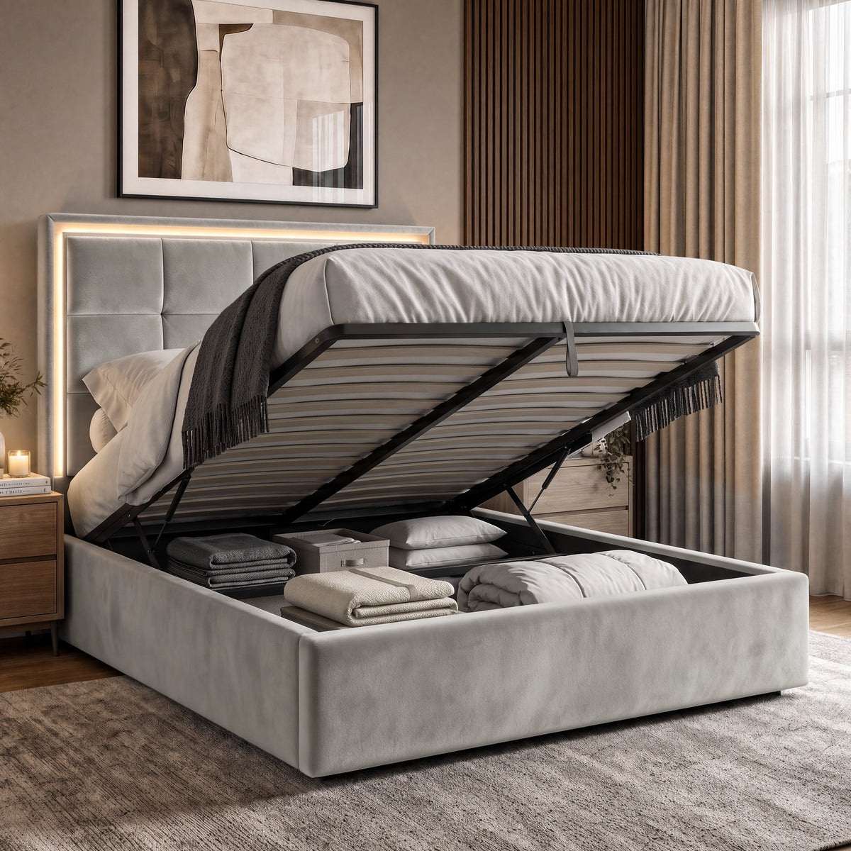 [Light Grey | Double] LED ottoman bed open with gas-lift frame, slatted base and hidden storage