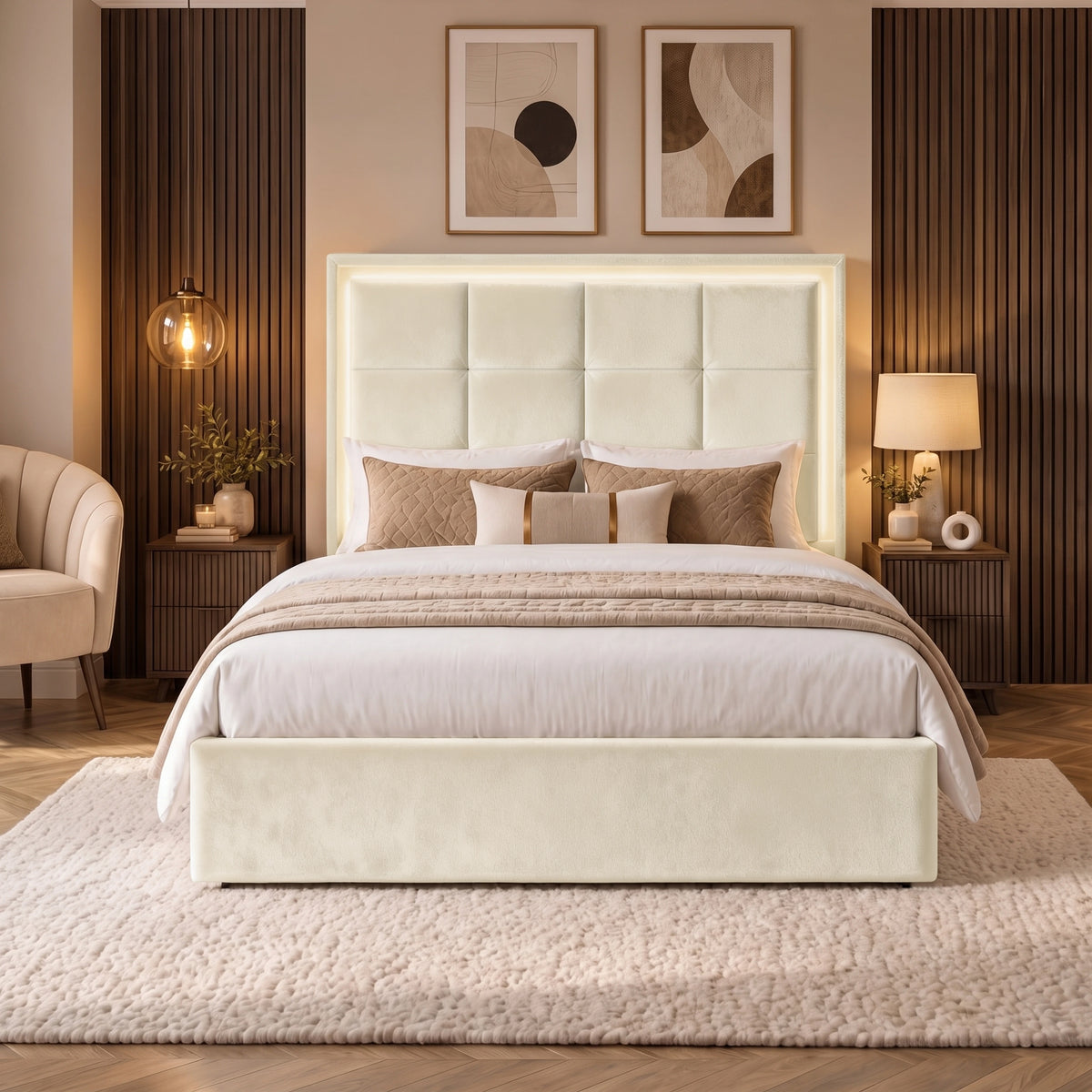 [Beige | King] LED ottoman bed front view with square-panel headboard, lit border and low footboard