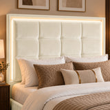 [Beige | King] Close-up of square-panel padded headboard with recessed LED light border