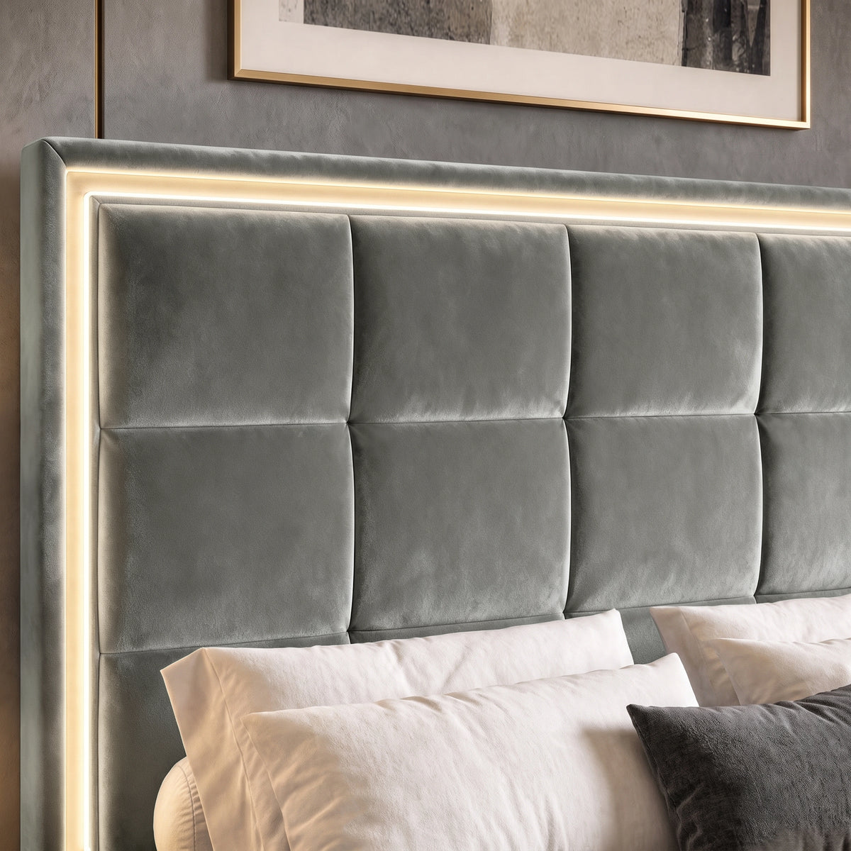 [Grey | King] Close-up of square-panel padded headboard with recessed LED light border