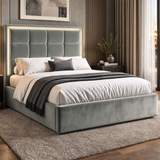[Grey | King] LED ottoman bed in bedroom with square-panel headboard, lit LED border and padded base