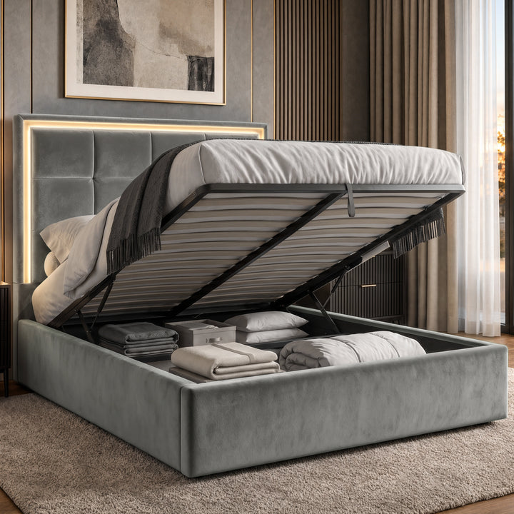 [Grey | King] LED ottoman bed open with gas-lift frame, slatted base and hidden storage