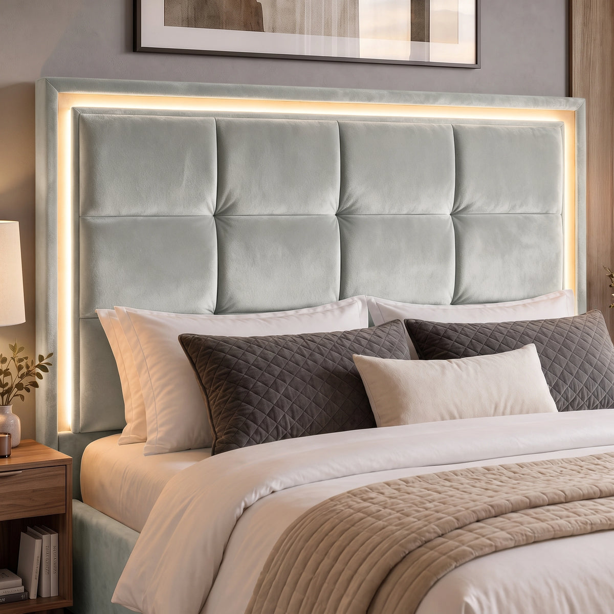 [Light Grey | King] Close-up of square-panel padded headboard with recessed LED light border