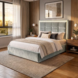 [Light Grey | King] LED ottoman bed lifestyle room view with glowing headboard border and bedside storage