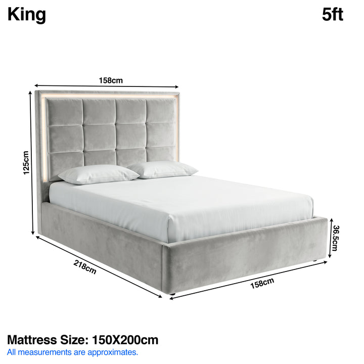 [Light Grey | King] LED ottoman bed dimensions: frame 158W x 218L x 125H cm; mattress 150 x 200 cm