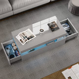 [Grey] gloss coffee table with dual drawers and LED lighting, combining storage and style for contemporary living areas.