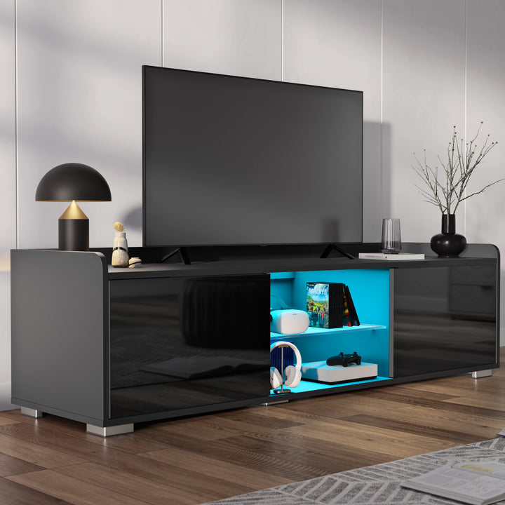 [Black] black 140cm TV unit on light wood floor with two closed side flap doors and open lit centre