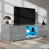 [Grey] grey TV unit front view with mounted TV above and blue glow from internal RGB strip