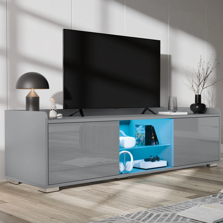 [Grey] grey TV unit front view with mounted TV above and blue glow from internal RGB strip