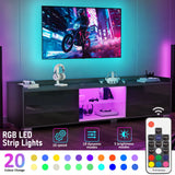 [Black] Promotional graphic of black gloss TV unit with LED colour options, remote and headphones