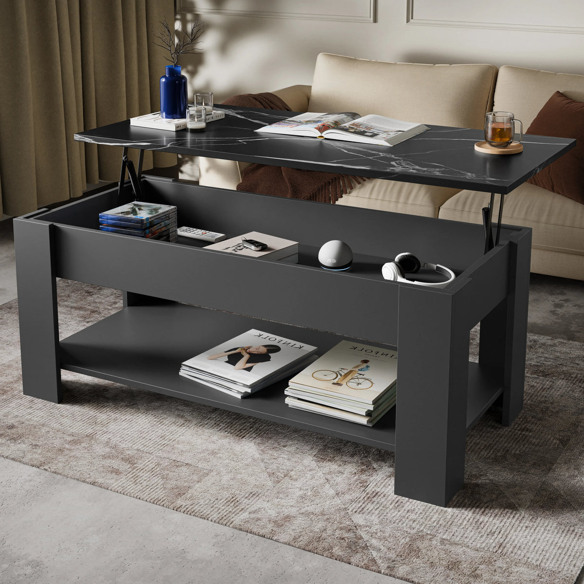 [Grey + Marble Black] dark grey lift top coffee table angled, marble-pattern surface lifted exposing compartment