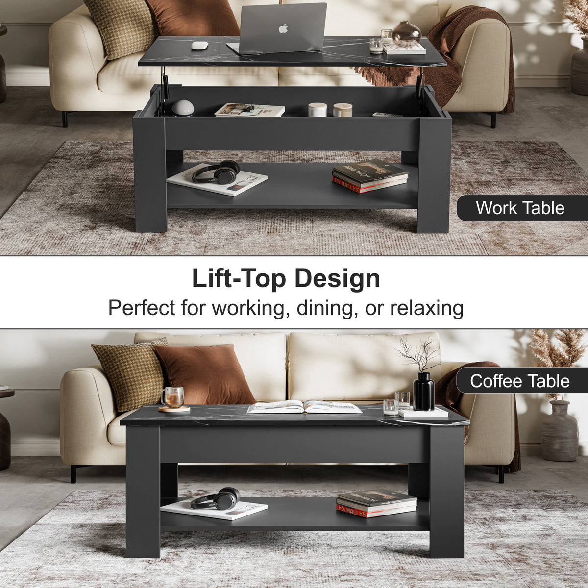 [Grey + Marble Black] dark grey lift top coffee table mode comparison, lifted position above and seated below