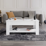 [White] lift top coffee table closed position, headphones resting on the lower display shelf
