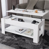 [White] Lift Top Storage Coffee Table in white, top raised showing camera and headphones in compartment