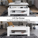 [White] Lift Top Storage Coffee Table in white, two modes shown, raised with laptop above and closed below