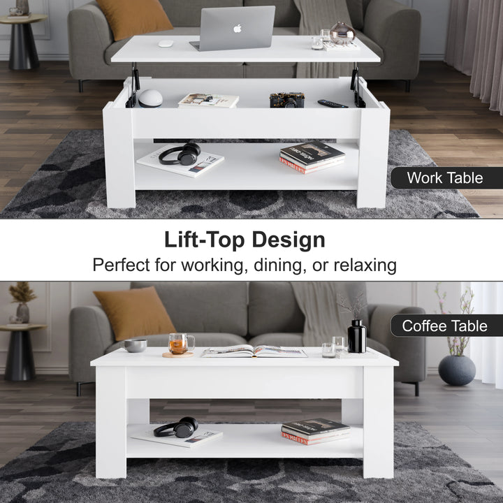 [White] Lift Top Storage Coffee Table in white, two modes shown, raised with laptop above and closed below