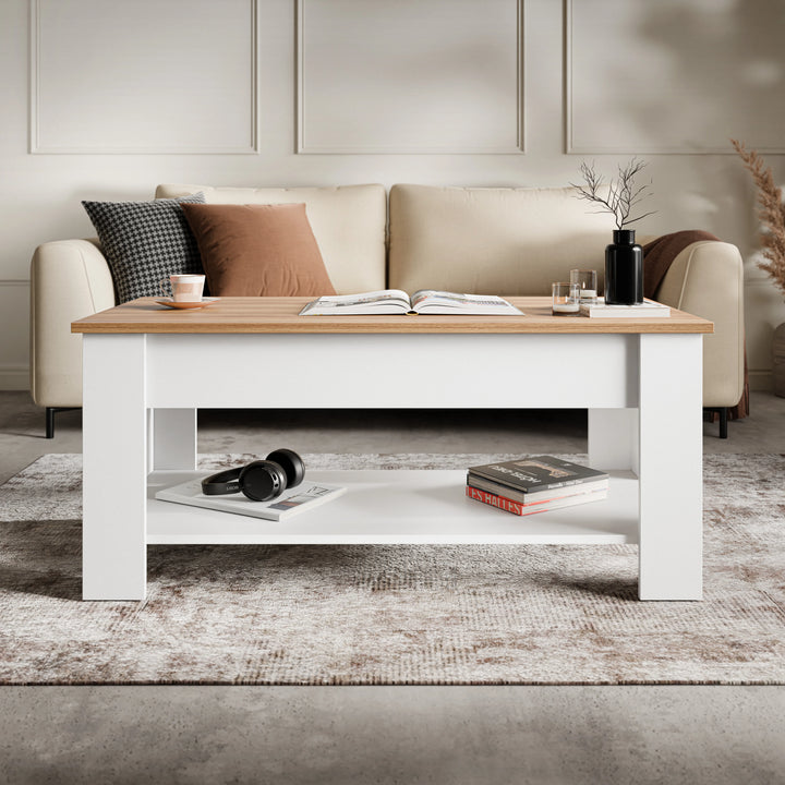[White + Pine] Lift Top Storage Coffee Table with white base and pine wood top closed, open book on surface