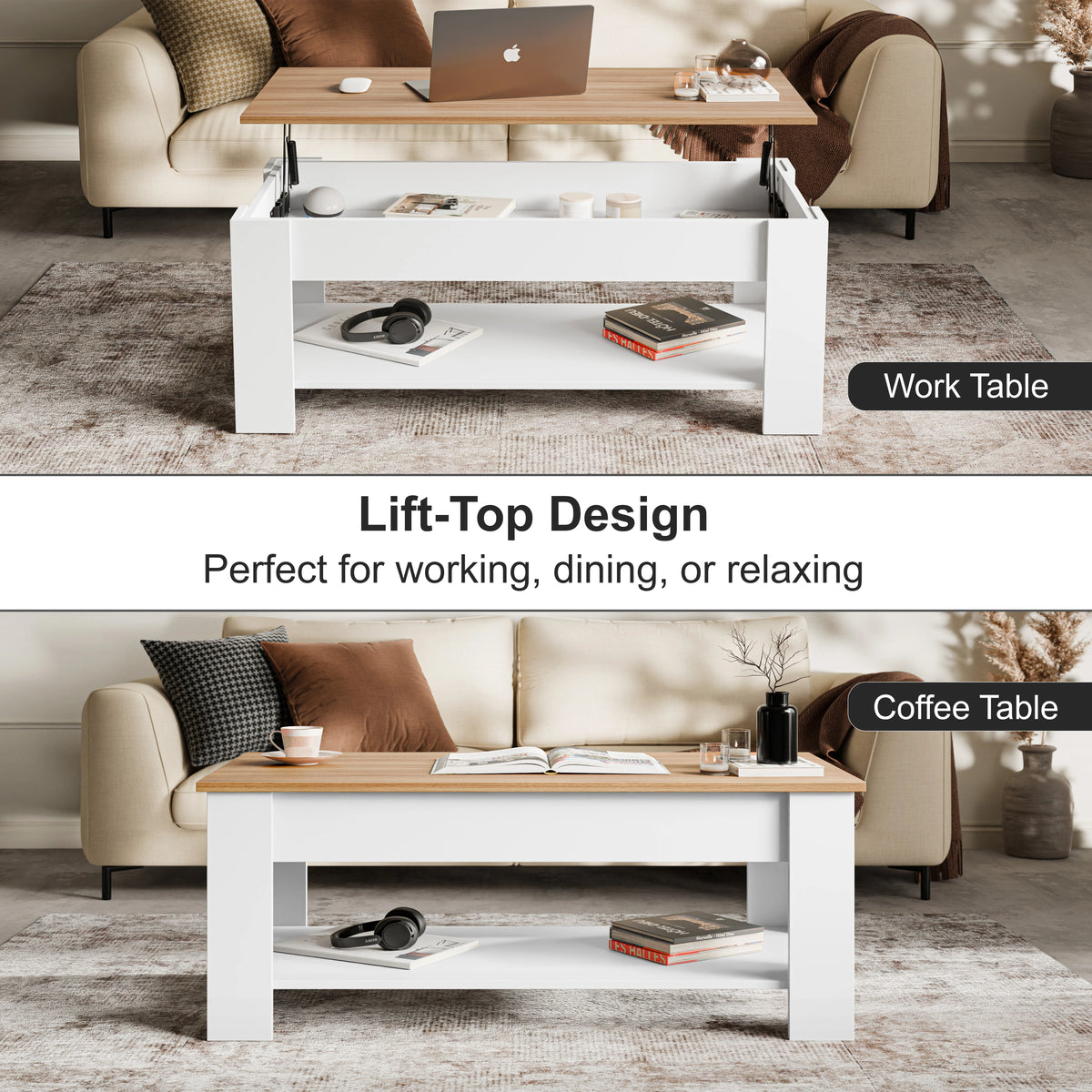 [White + Pine] two-tone white pine lift top coffee table at raised height with laptop, headphones on shelf