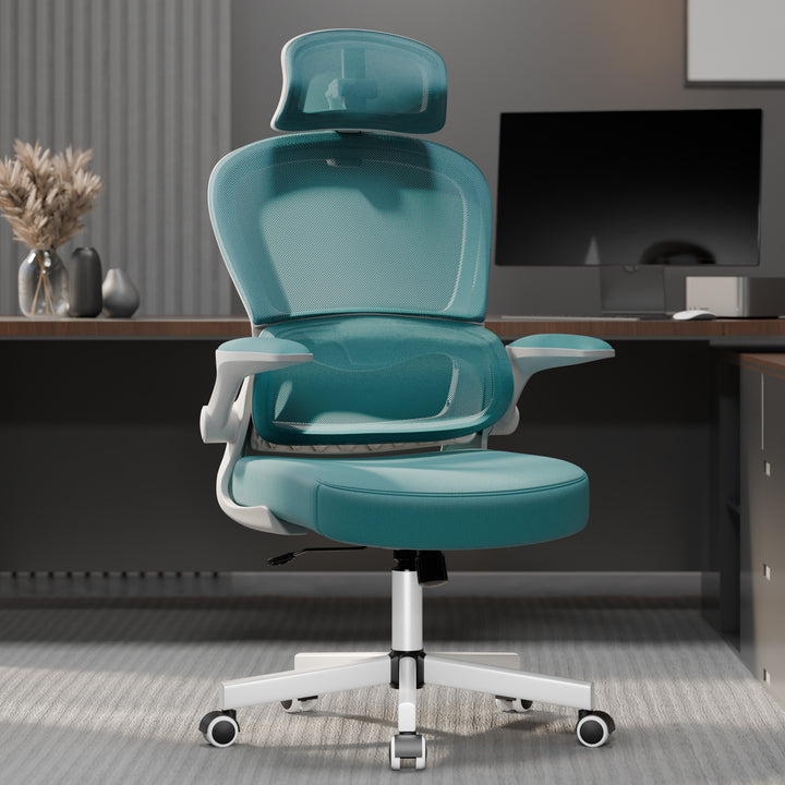 [Light Blue] Light blue mesh comfortable office chair with breathable backrest and padded armrests.