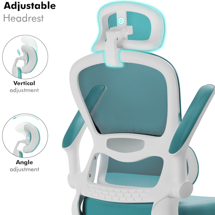 [Light Blue] Light blue high back office chair featuring swivel base and ergonomic lumbar support.