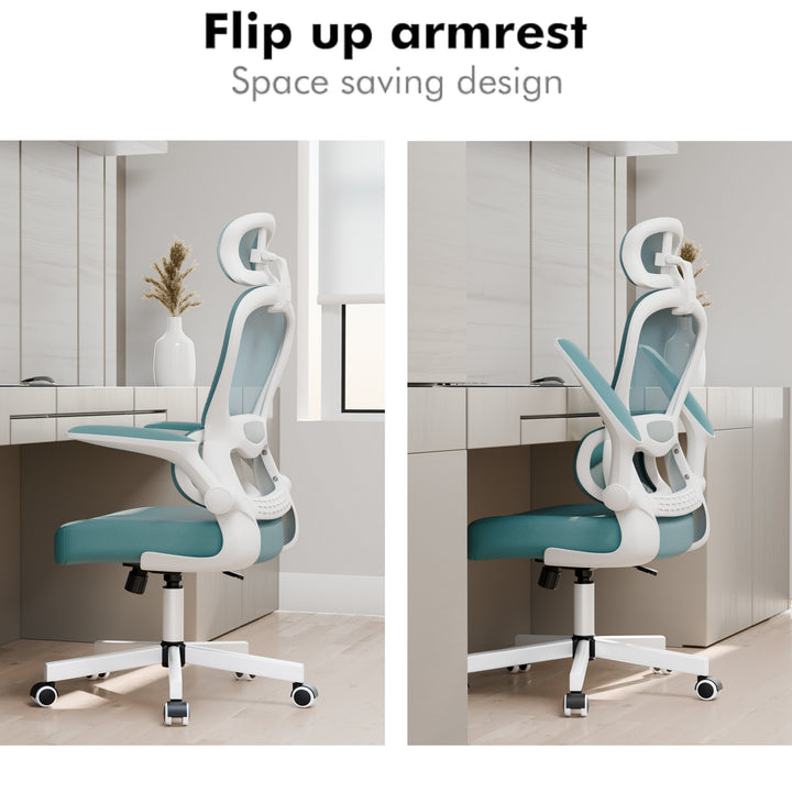 [Light Blue] Light blue high back chairs showing ergonomic S-curve design and adjustable headrest.