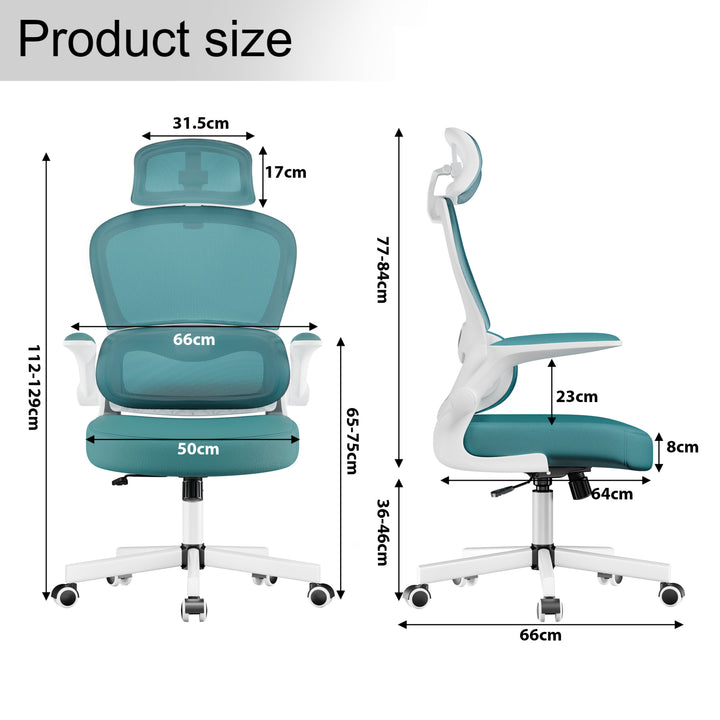 [Light Blue] Dimensions of light blue mesh office chair with back support: seat width 50 cm, depth 64 cm, and height  112-129 cm.