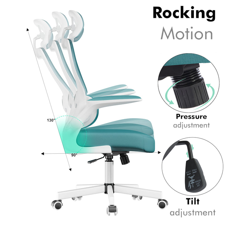 [Light Blue] Rocking and reclining features on this light blue ergonomic adjustable chair with headrest.