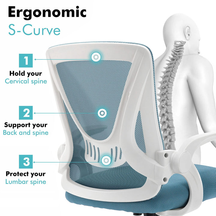 [Light Blue] Light blue lumbar support chair with breathable mesh backrest, promoting healthy posture while sitting.