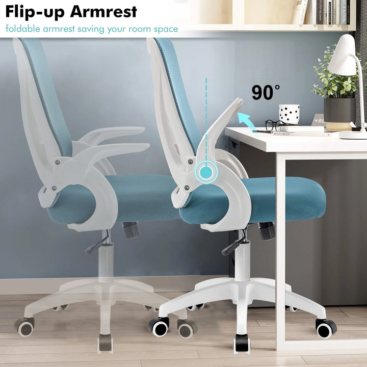 [Light Blue] Light blue comfy desk chair with flip-up armrests, making it perfect for home office spaces.