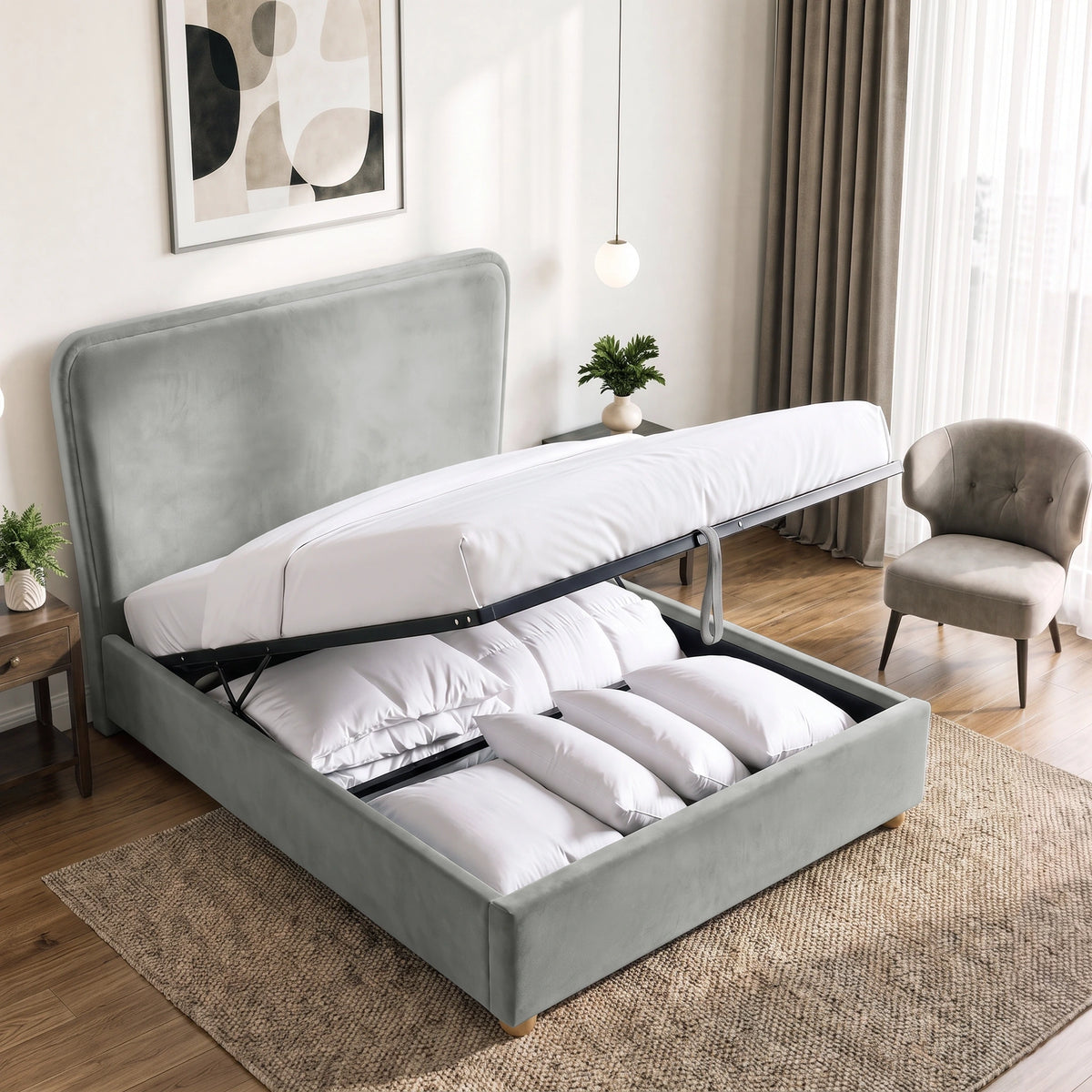 [Double | Light Grey] Lift-up storage view showing raised mattress platform, black metal gas struts and bedding inside base