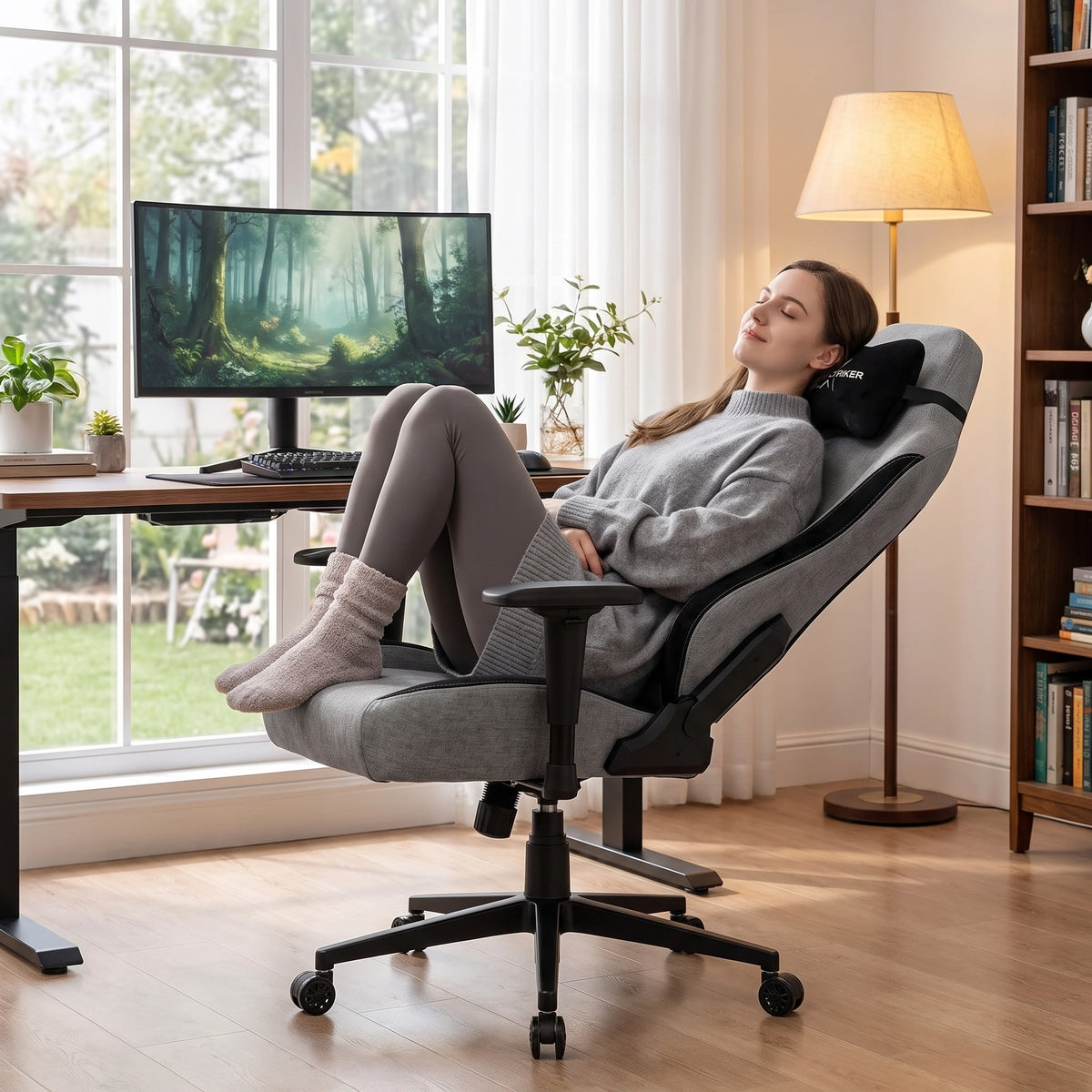 [Grey] woman relaxes in a ergonomic gaming chair with a headrest, positioned in a bright home office next to a desk with a computer monitor.