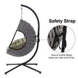 [Grey] Light grey woven egg chair on black stand with safety buckle strap callout and secure buckle design