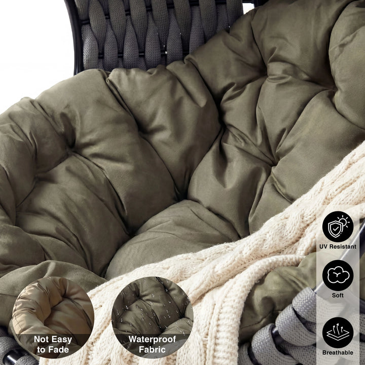 [Grey] Light grey hanging egg chair cushion detail with waterproof, UV resistant and breathable labels