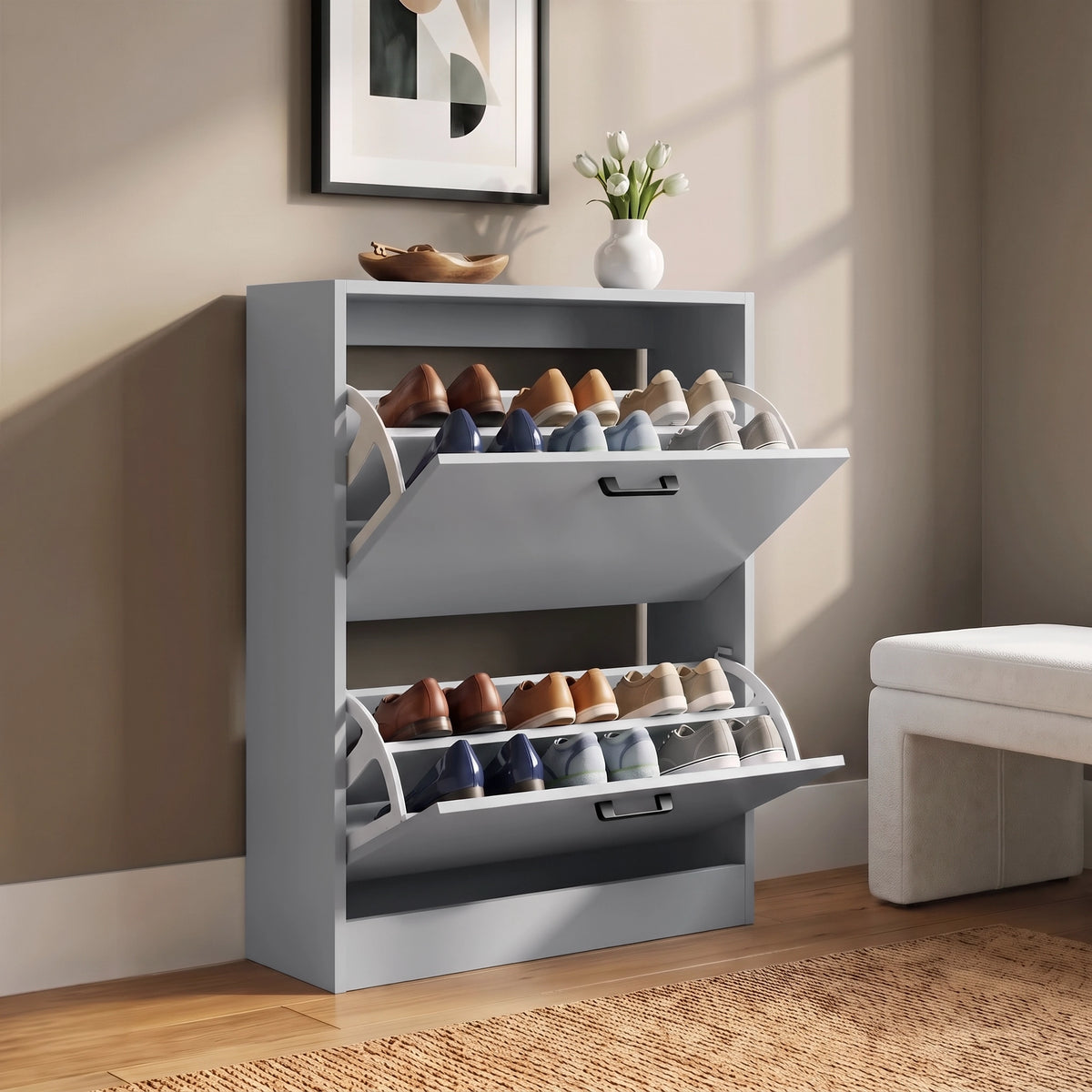 [Light Grey] Angled view with both pull-down drawers open, shoes arranged across two tiers, wall art, top vase, and bench