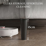 [Double | Light Grey] Velvet Bed Frame showing 16cm under-bed clearance with robot vacuum fitting beneath