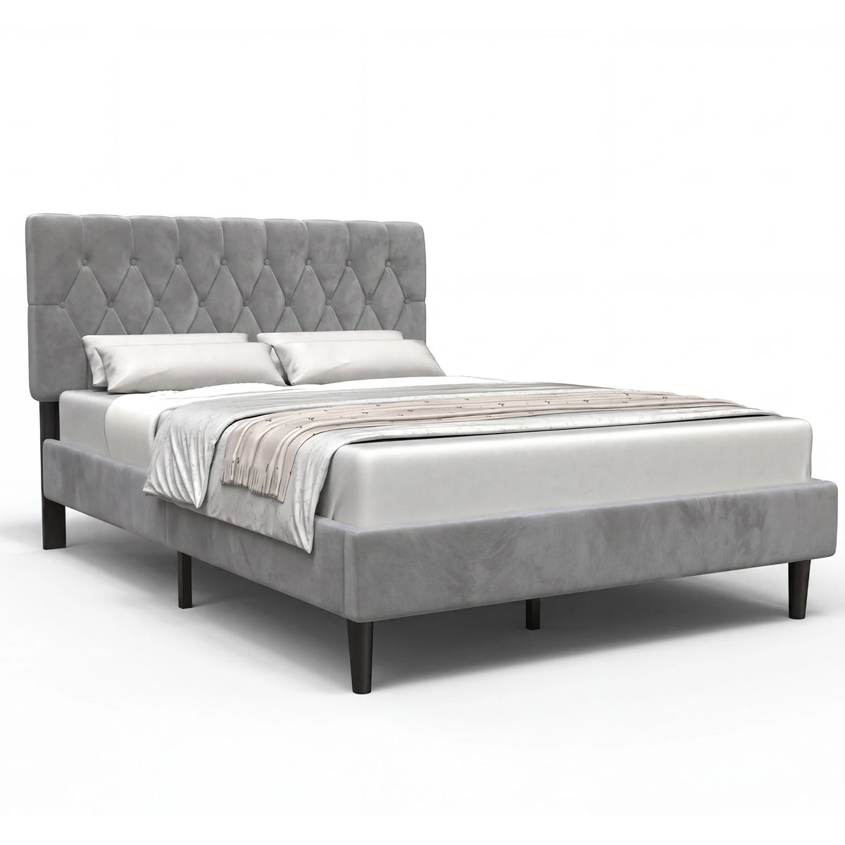 [Double | Light Grey] Velvet Bed Frame angled product shot on white background showing full frame and footboard