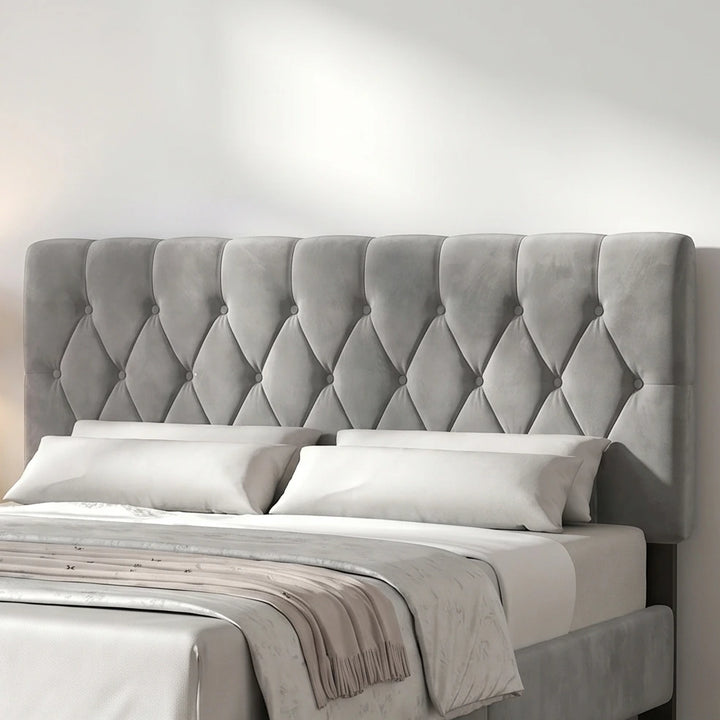 [Double | Light Grey] Velvet Bed Frame close-up of diamond button-tufted headboard with white pillows