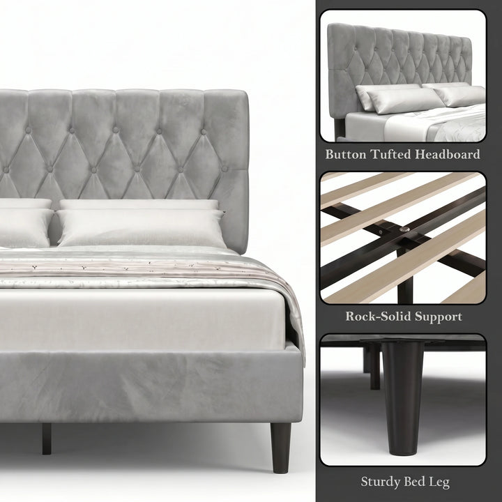 [Double | Light Grey] Velvet Bed Frame feature overview showing tufted headboard, wooden slat support, and tapered leg