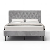 [Double | Light Grey] Velvet Bed Frame front-facing product shot on white background with styled white bedding