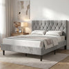 [Double | Light Grey] Velvet Bed Frame styled in a bright bedroom with warm lamp and abstract wall art