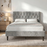 [Double | Light Grey] Velvet Bed Frame in a Scandinavian-style bedroom with oak nightstand and table lamp