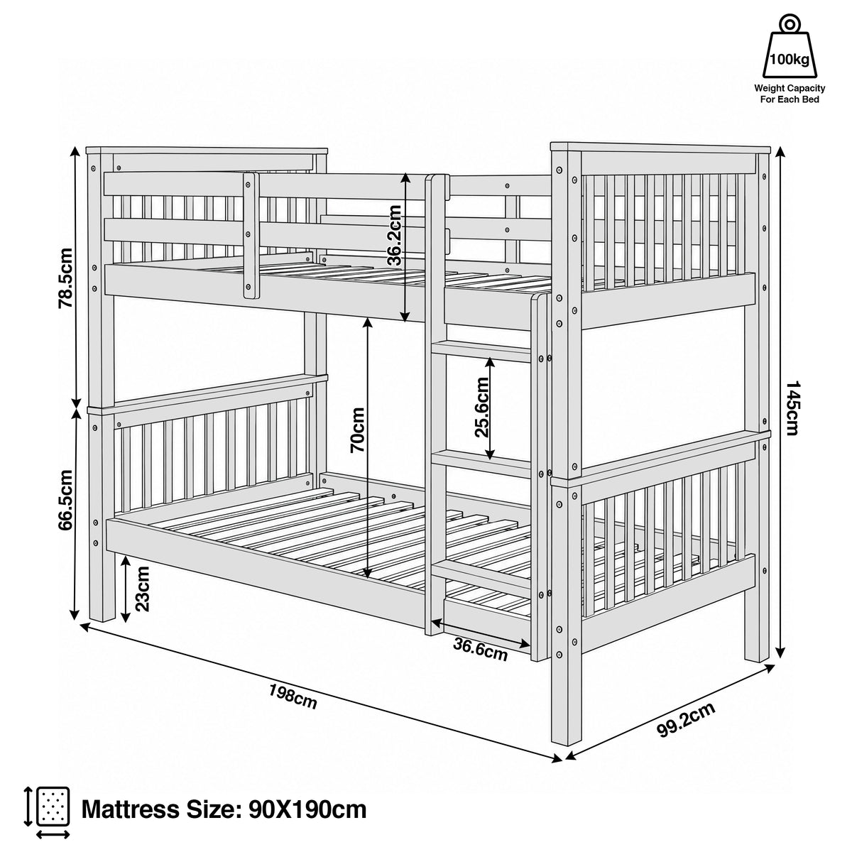 [Light Grey] Dimension diagram for bunk bed showing W99.2 x L198 x H145cm and 90 x 190cm mattress fit with 23cm underbed storage