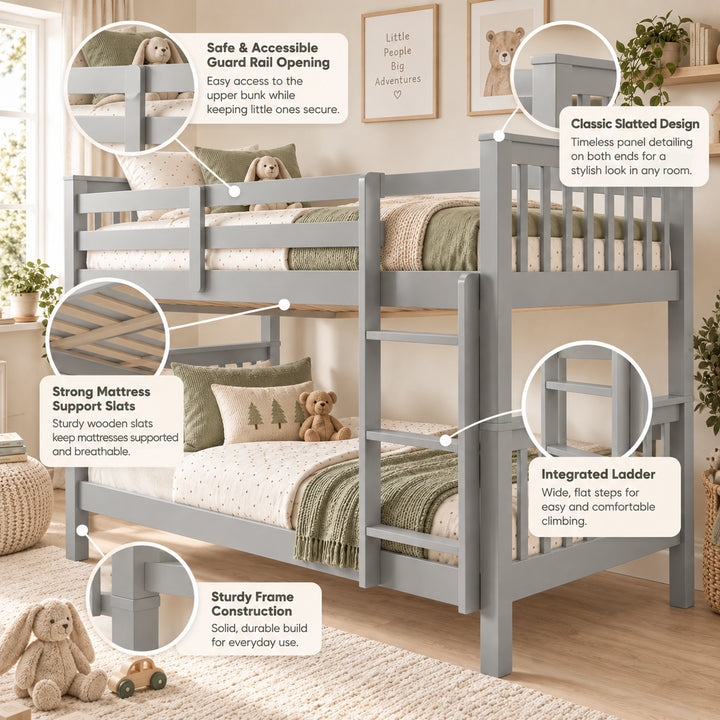 [Light Grey] Feature callout graphic showing guard rail opening, slats, ladder, slatted ends and sturdy frame