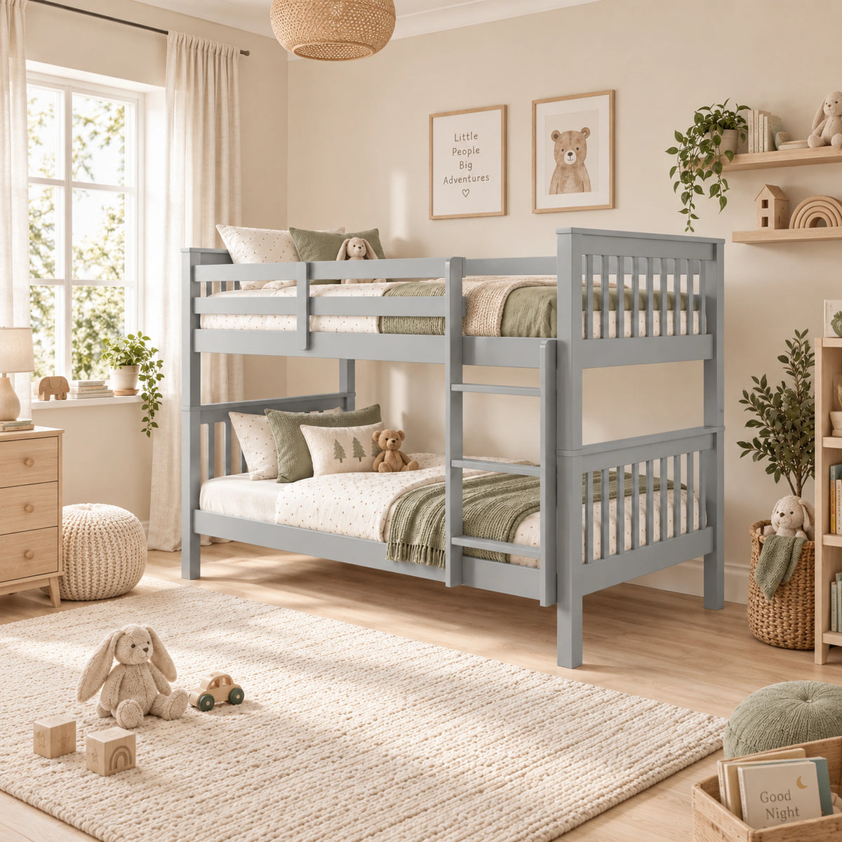 [Light Grey] Wide room view of bunk bed with right-side ladder, upper rails and lower bunk